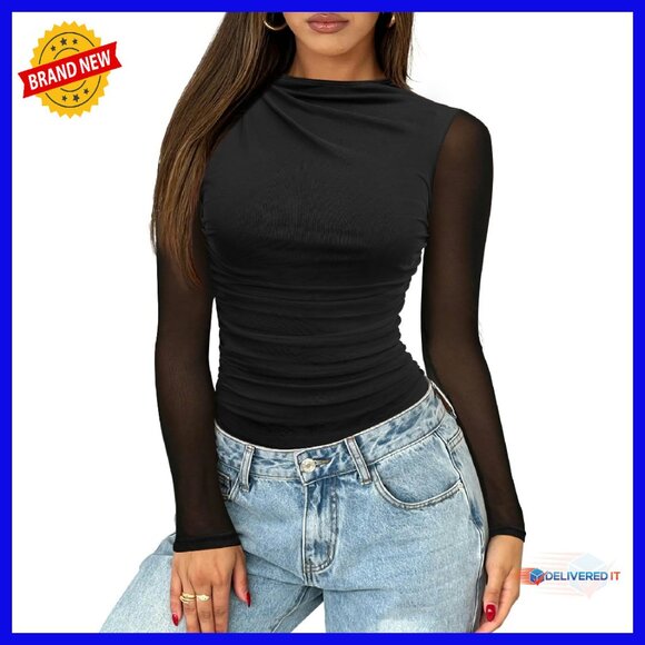 Long Sleeve Mesh Mock Neck Bodysuit Sheer Ruching Snap Closure